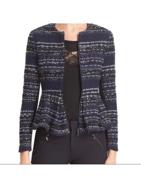 Rebecca Taylor Navy and Black Striped Peplum Zip Cardigan
